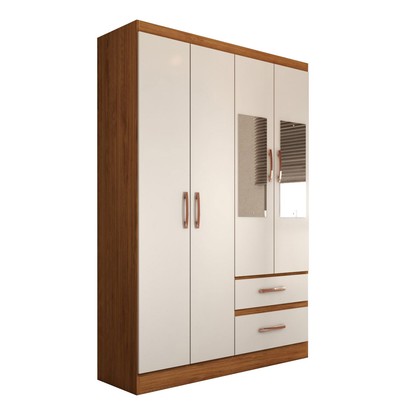 Guarda-Roupa Solteiro São Francisco 4 Portas 2 Gavetas com Espelho Off White/Nogueira - Panorama Móveis