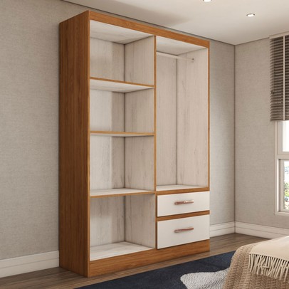 Guarda-Roupa Solteiro São Francisco 4 Portas 2 Gavetas com Espelho Off White/Nogueira - Panorama Móveis