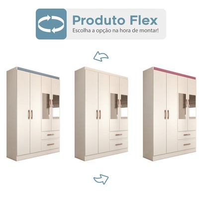 Guarda-Roupa Solteiro São Francisco 4 Portas 2 Gavetas com Espelho Branco Flex - Panorama Móveis