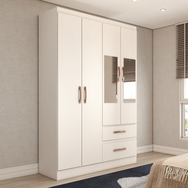 Guarda-Roupa Solteiro São Francisco 4 Portas 2 Gavetas com Espelho Branco Flex - Panorama Móveis