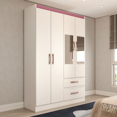 Guarda-Roupa Solteiro São Francisco 4 Portas 2 Gavetas com Espelho Branco Flex - Panorama Móveis