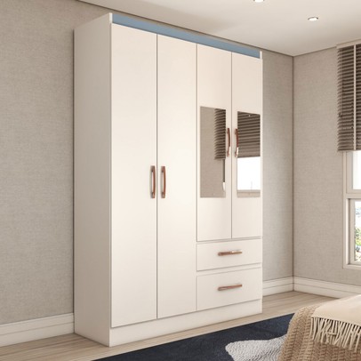 Guarda-Roupa Solteiro São Francisco 4 Portas 2 Gavetas com Espelho Branco Flex - Panorama Móveis