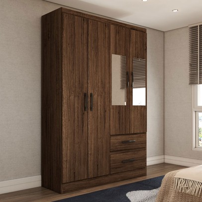 Guarda-Roupa Solteiro São Francisco 4 Portas 2 Gavetas com Espelho Castanho - Panorama Móveis Móveis