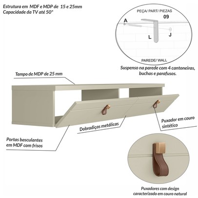 Rack para TV Até 50 Polegadas Suspenso Line 2 Portas Off White/Bege - Olivar Móveis