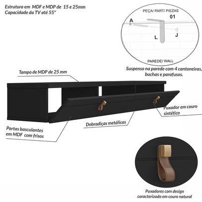 Rack para TV Até 55 Polegadas Line 2 Portas Preto - Olivar Móveis