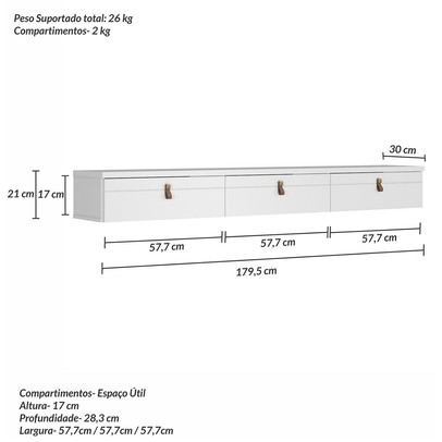 Rack para TV Até 65 Polegadas Suspenso Line 3 Portas Branco - Olivar Móveis