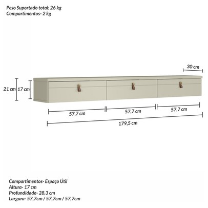 Rack para TV Até 65 Polegadas Suspenso Line 3 Portas Off White - Olivar Móveis