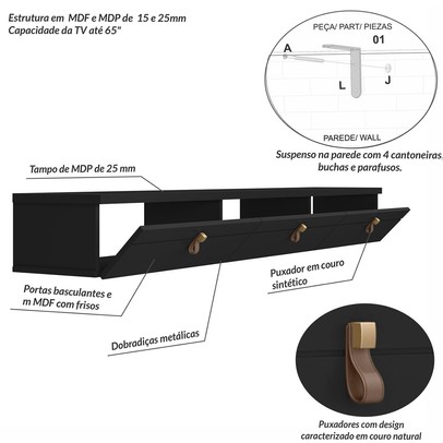 Rack para TV Até 65 Polegadas Suspenso Line 3 Portas Preto - Olivar Móveis