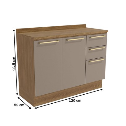 Balcão de Cozinha 120 Cm Isabel 2 Portas 3 Gavetas Nogueira/Fendi - Kappesberg