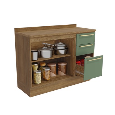 Balcão de Cozinha 120 Cm Isabel 2 Portas 3 Gavetas Nogueira/Verde - Kappesberg