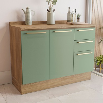 Balcão de Cozinha 120 Cm Isabel 2 Portas 3 Gavetas Nogueira/Verde - Kappesberg