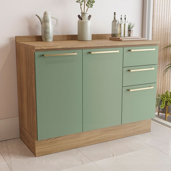 Balcão de Cozinha 120 Cm Isabel 2 Portas 3 Gavetas Nogueira/Verde - Kappesberg