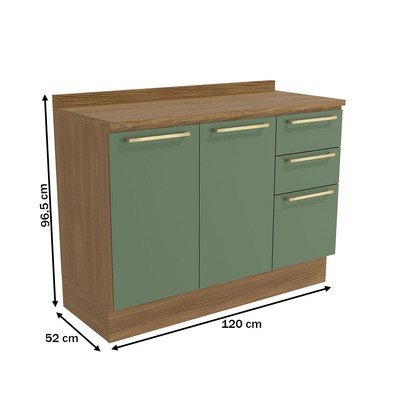 Balcão de Cozinha 120 Cm Isabel 2 Portas 3 Gavetas Nogueira/Verde - Kappesberg
