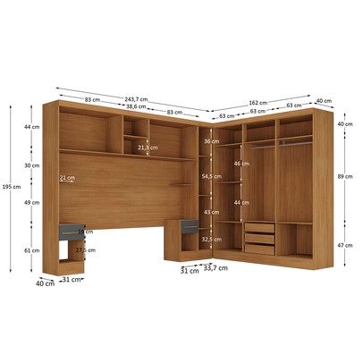 Guarda-Roupa Modulado Soberano 11 Portas 5 Gavetas com Espelho 100% Mdf Cinamomo/Chumbo - Panorama Móveis