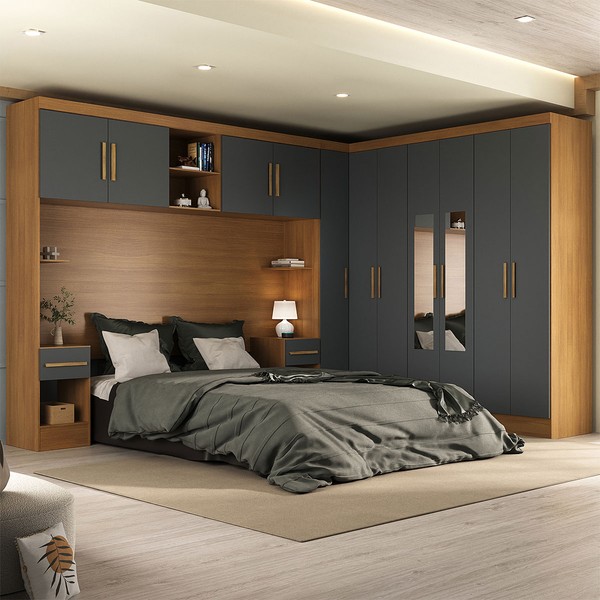 Guarda-Roupa Modulado Soberano 11 Portas 5 Gavetas com Espelho 100% Mdf Cinamomo/Chumbo - Panorama Móveis