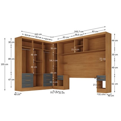 Guarda-Roupa Modulado Soberano 11 Portas 8 Gavetas 100% Mdf Cinamomo/Chumbo - Panorama Móveis