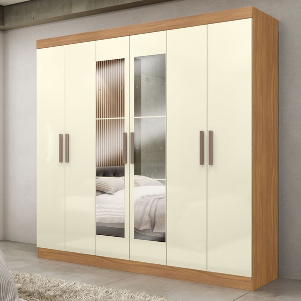 Guarda-Roupa Paris 6 Portas 2 Gavetas com Espelho Cinamomo/Off White - Maxel