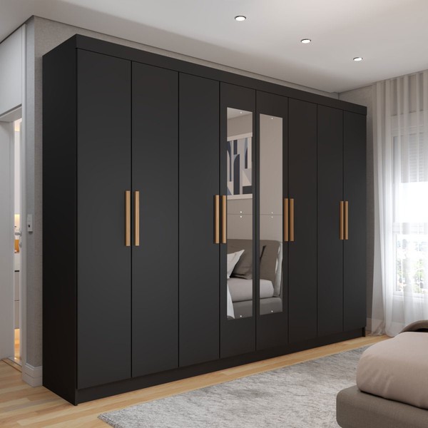 Guarda-Roupa Casal Aurora Radiante 8 Portas 4 Gavetas com Espelho Nero - Panorama Móveis