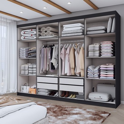 Guarda-Roupa Casal Aurora 8 Portas 4 Gavetas com Espelho Nero - Panorama Móveis