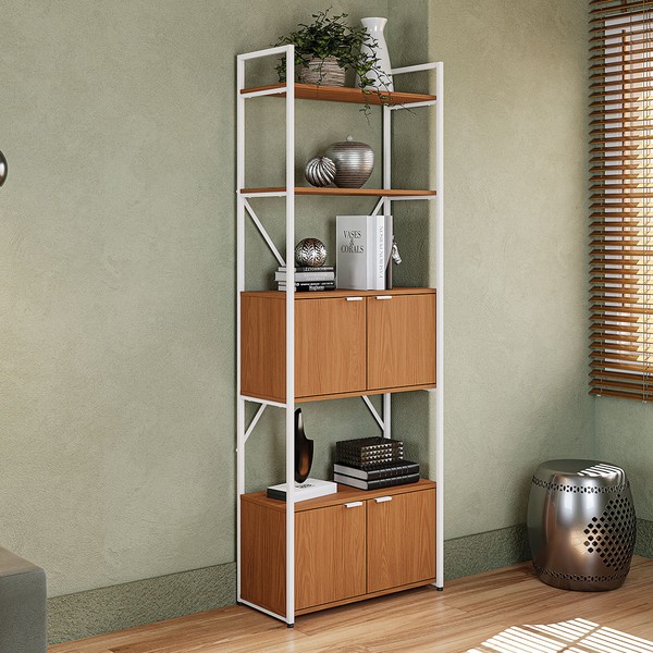 Estante para Livros Dijon 4 Portas Canela/Branco Fosco - Kappesberg