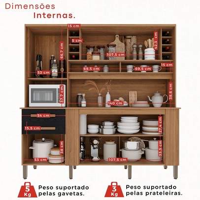 Armário de Cozinha Espanha 6 Portas 2 Gavetas Cinamomo/Preto - Pnr Móveis