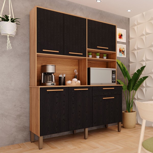 Armário de Cozinha Lirio 6 Portas 1 Gaveta Cinamomo/Preto - Pnr Móveis