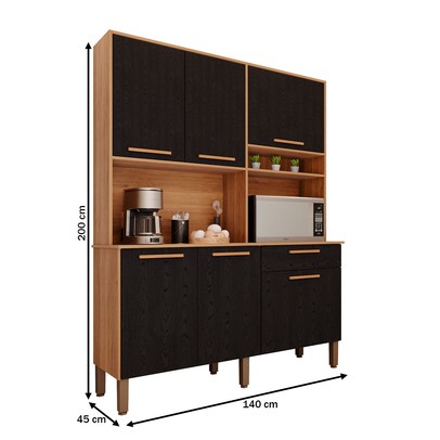 Armário de Cozinha Lirio 6 Portas 1 Gaveta Cinamomo/Preto - Pnr Móveis