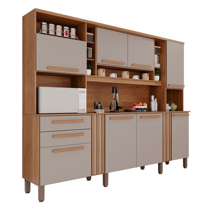 Armário de Cozinha Safira 8 Portas 2 Gavetas Ripado Cinamomo/Off White - Pnr Móveis