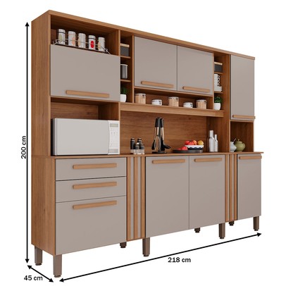Armário de Cozinha Safira 8 Portas 2 Gavetas Ripado Cinamomo/Off White - Pnr Móveis