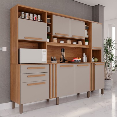 Armário de Cozinha Safira 8 Portas 2 Gavetas Ripado Cinamomo/Off White - Pnr Móveis