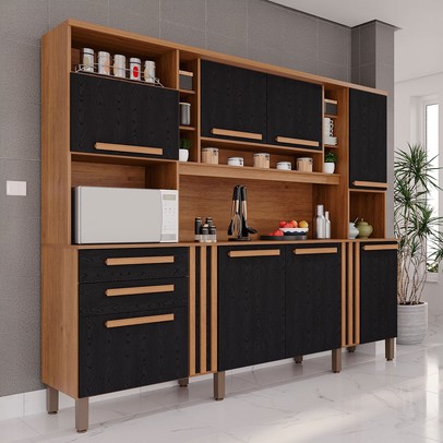 Armário de Cozinha Safira 8 Portas 2 Gavetas Ripado Cinamomo/Preto  - Pnr Móveis