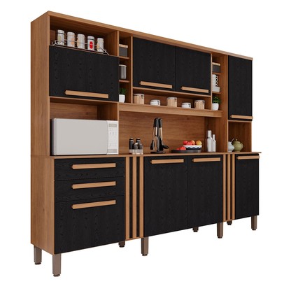 Armário de Cozinha Safira 8 Portas 2 Gavetas Ripado Cinamomo/Preto  - Pnr Móveis