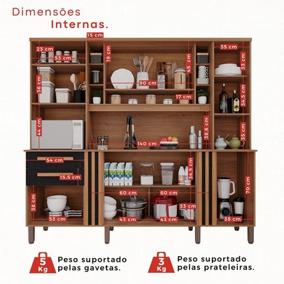 Armário de Cozinha Safira 8 Portas 2 Gavetas Ripado Cinamomo/Preto  - Pnr Móveis