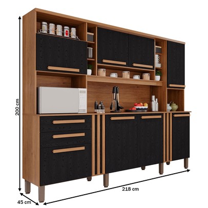 Armário de Cozinha Safira 8 Portas 2 Gavetas Ripado Cinamomo/Preto  - Pnr Móveis