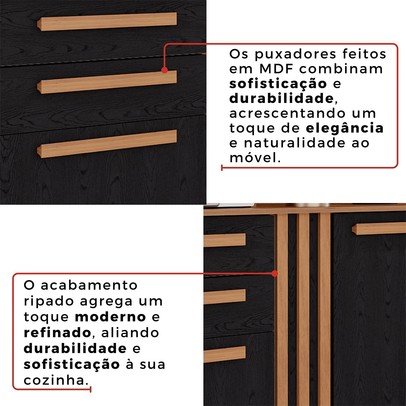 Armário de Cozinha Safira 8 Portas 2 Gavetas Ripado Cinamomo/Preto  - Pnr Móveis