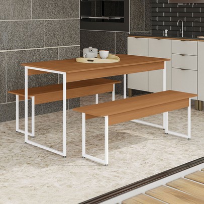 Mesa de Madeira com 2 Bancos Harley Canela/Branco Brilho - Kappesberg