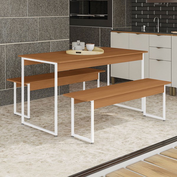 Mesa de Madeira com 2 Bancos Harley Canela/Branco Brilho - Kappesberg