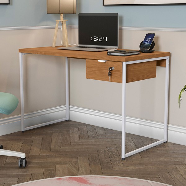 Mesa Escrivaninha Leone 118 Cm 1 Gaveta Canela/Branco - Kappesberg
