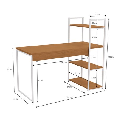 Mesa Escrivaninha Vitale 2 Prateleiras Canela/Branco Brilho - Kappesberg