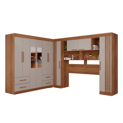 Guarda-Roupa Casal Modulado Andorra 10 Portas 4 Gavetas Ripado com Espelho Cinamomo/Off White - Pnr Móveis
