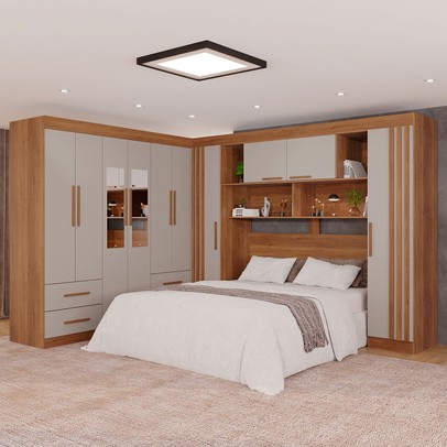 Guarda-Roupa Casal Modulado Andorra 10 Portas 4 Gavetas Ripado com Espelho Cinamomo/Off White - Pnr Móveis