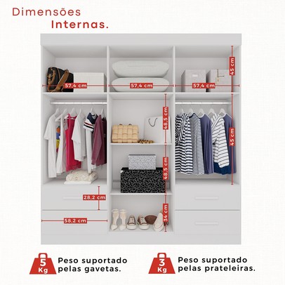 Guarda-Roupa Casal Kali 6 Portas 4 Gavetas Branco - Pnr Móveis