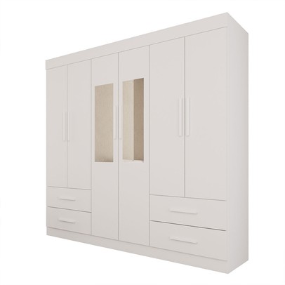 Guarda-Roupa Casal Kali 6 Portas 4 Gavetas com Espelho Branco - Pnr Móveis