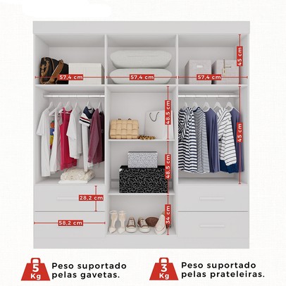 Guarda-Roupa Casal Kali 6 Portas 4 Gavetas com Espelho Branco - Pnr Móveis