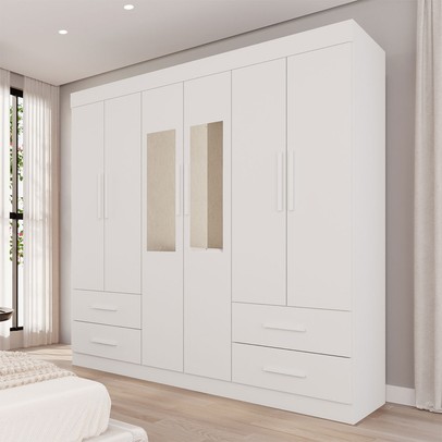 Guarda-Roupa Casal Kali 6 Portas 4 Gavetas com Espelho Branco - Pnr Móveis