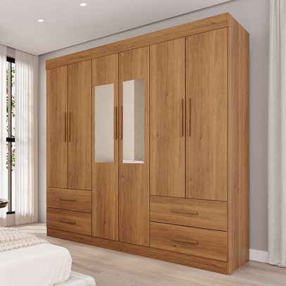 Guarda-Roupa Casal Kali 6 Portas 4 Gavetas com Espelho Cinamomo - Pnr Móveis