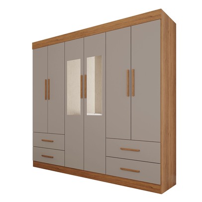 Guarda-Roupa Casal Kali 6 Portas 4 Gavetas com Espelho Cinamomo/Off White - Pnr Móveis