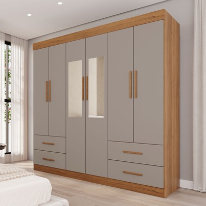 Guarda-Roupa Casal Kali 6 Portas 4 Gavetas com Espelho Cinamomo/Off White - Pnr Móveis