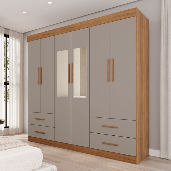 Guarda-Roupa Casal Kali 6 Portas 4 Gavetas com Espelho Cinamomo/Off White - Pnr Móveis