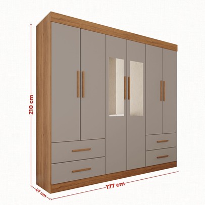 Guarda-Roupa Casal Kali 6 Portas 4 Gavetas com Espelho Cinamomo/Off White - Pnr Móveis